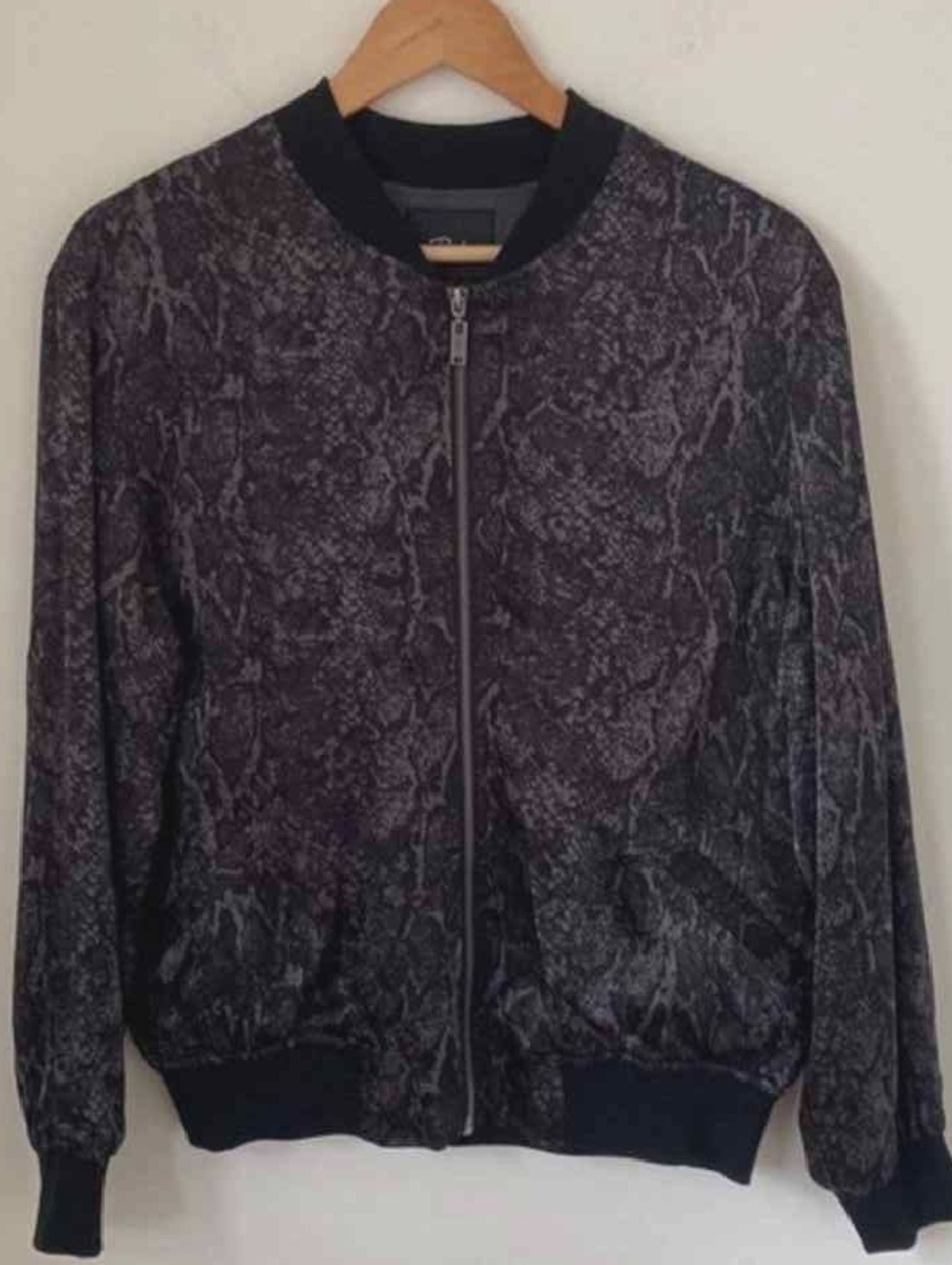 Snake-Print Bomber Jacket in Deep Plum and Black